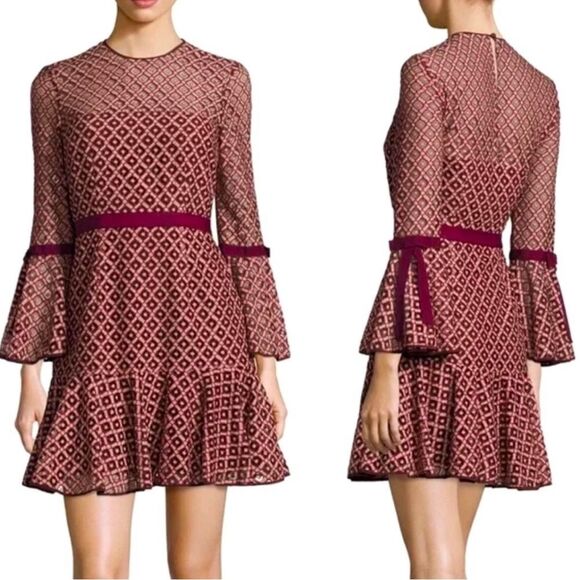 Cinq a Sept Cosette Dress Bell Sleeve Mulberry Pink Lace Overlay Babydoll Size 8 - Picture 1 of 14